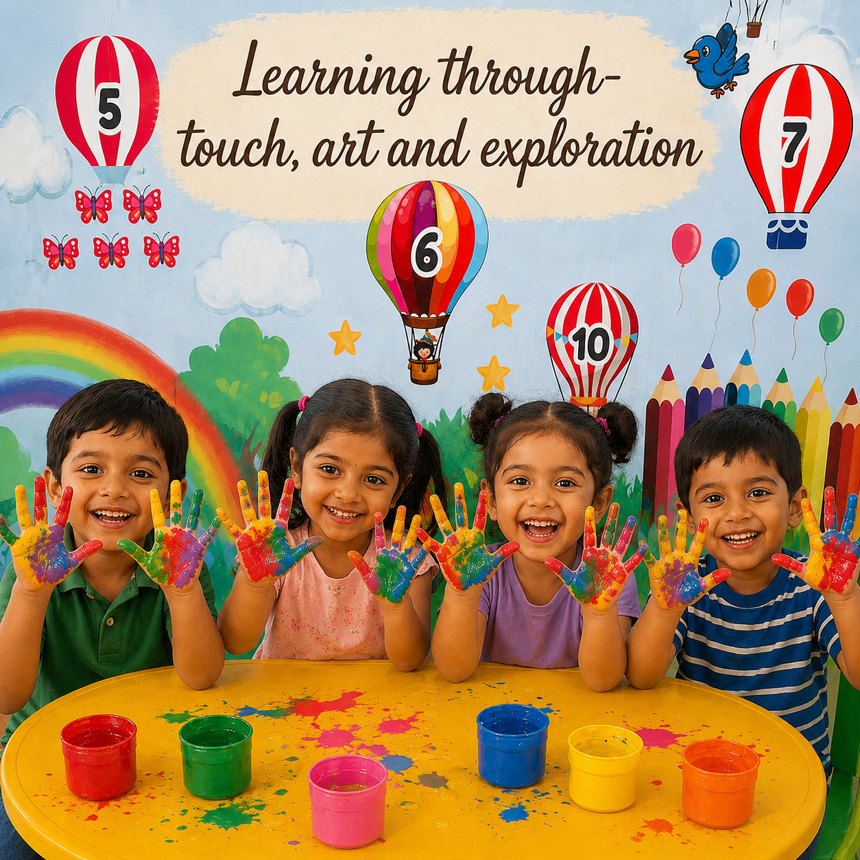 Children smiling with painted hands during art exploration