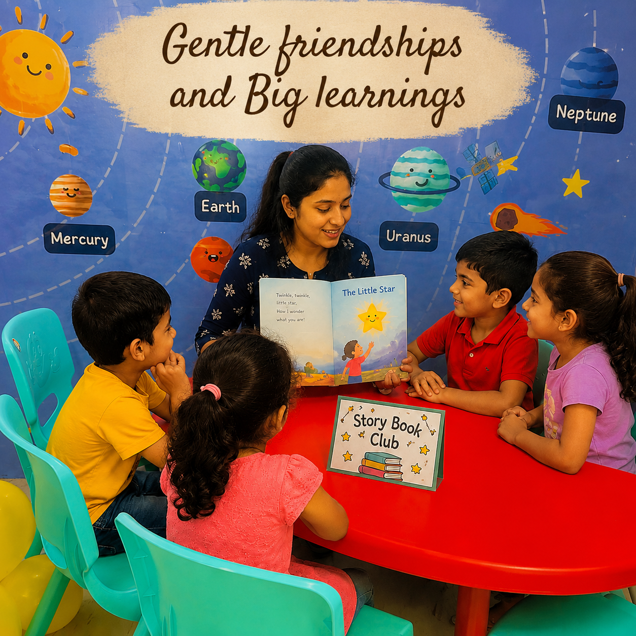 Teacher reading with children at Little Luminaries