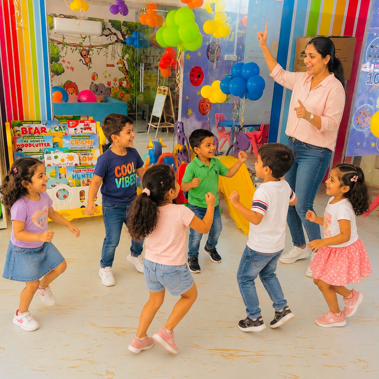 Teacher leading children in a joyful classroom activity